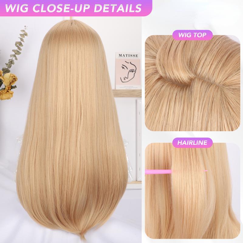 Gold Long Straight Wig Princess Bangs 26 Inch Fiber Synthetic Heat-resistant Sweet And Natural Party or Selfie For Women Korean Fashion