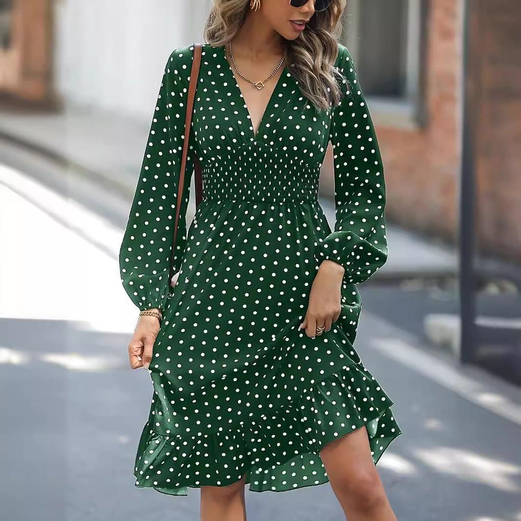 New European and American coat waist thin polka dot long sleeve foreign style dress