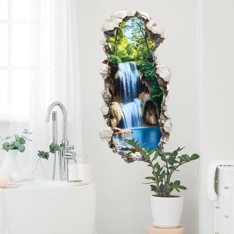 3D Waterfall Forest Wall Sticker Removable Peel and Stick Waterproof Vinyl Decal for Bedroom Living Room Bathroom Home Decor