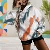 Women Plus Size Navy Blue Printed Long Sleeve Drawstring Hoodie With Kangaroo Pocket