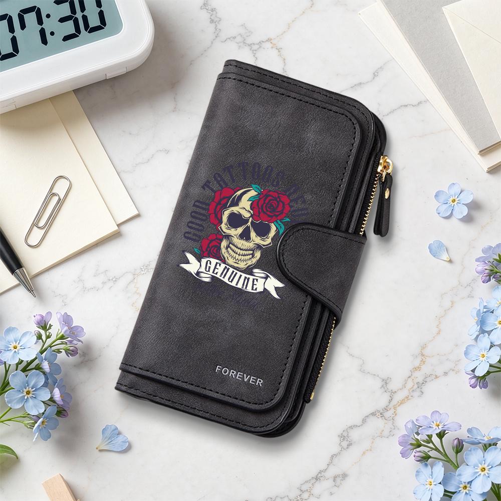 Skull Rose Pattern Long Wallet Multi Card Slot Coin Purse