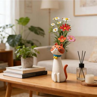 Handcrafted Quirky Cat Vase Modern Cute Cat Shaped Flower Vase Creative Ornament for Living Room Office Study Home Decoration
