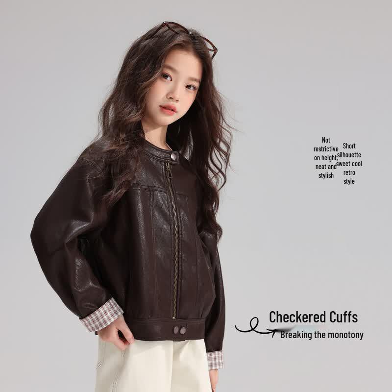 Girls' Vintage Faux Leather Jacket with Plaid Cuffs