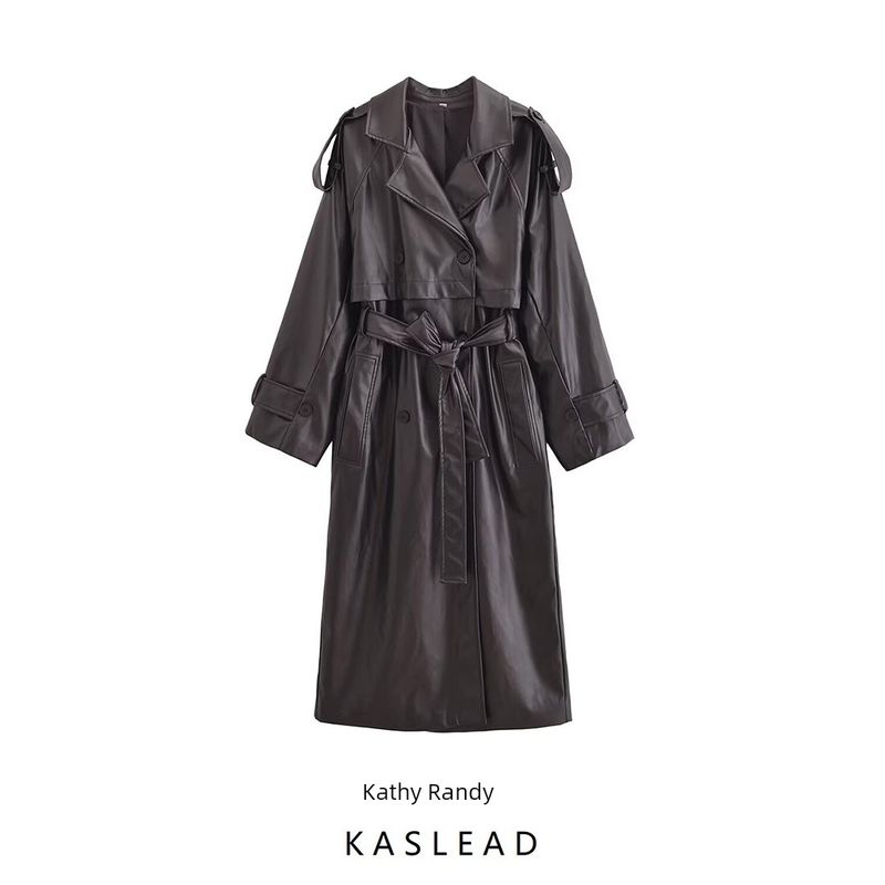 Kaslead New Arrival Women's Clothing Fashion Style Fashion Minimalist Imitation Leather Loose with Belt Trench Coat 1255811