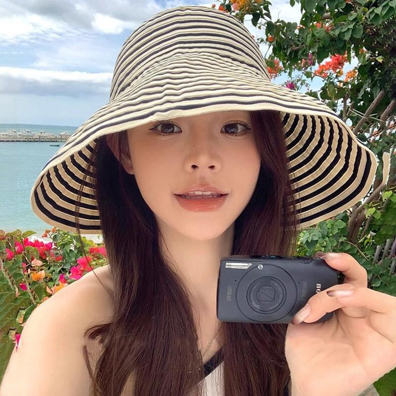 Fashion 2026 Summer Versatile Foldable Color-Blocked Striped Wide-Brimmed Sun Hat For Beach Vacations And Sun Protection