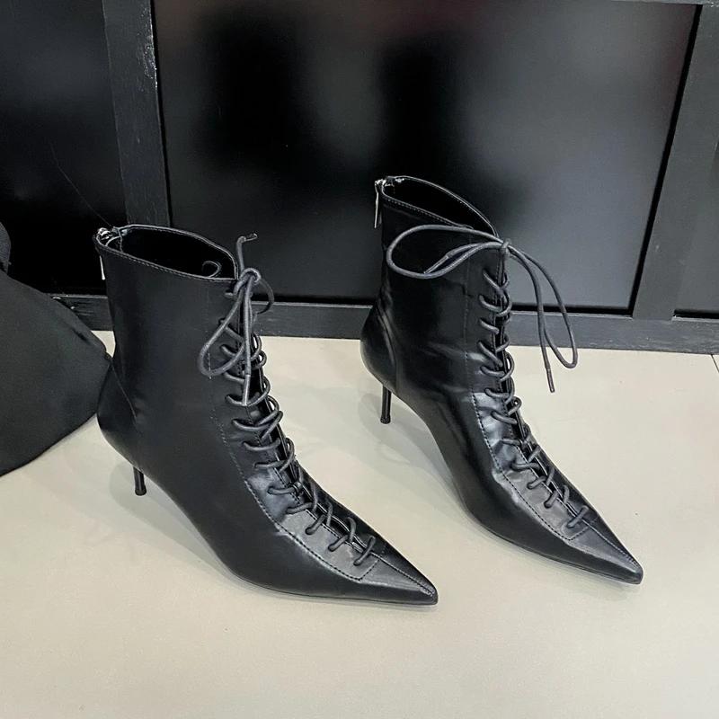 

Ботильоны на шнуровке с острым носком, женские короткие сапоги на тонком каблуке, женские ботильоны для вечернего платья, новые элегантные модные сексуальные женские сапоги 40