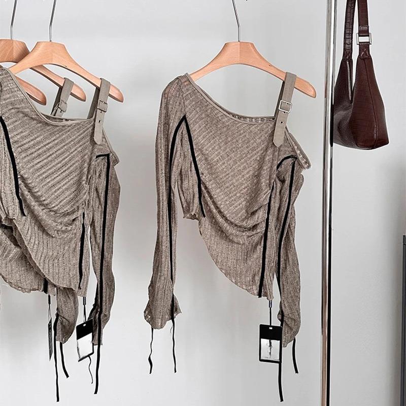 

Дизайнерские топы для женщин Y2K Fashion Chic с открытыми плечами Street Irregular Knitwears Women 2024 Spring Long Sleeves Slim Soft Streetwear M коричневый