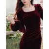 Elegant French Hepburn-Style Red Velvet Winter Dress for Women