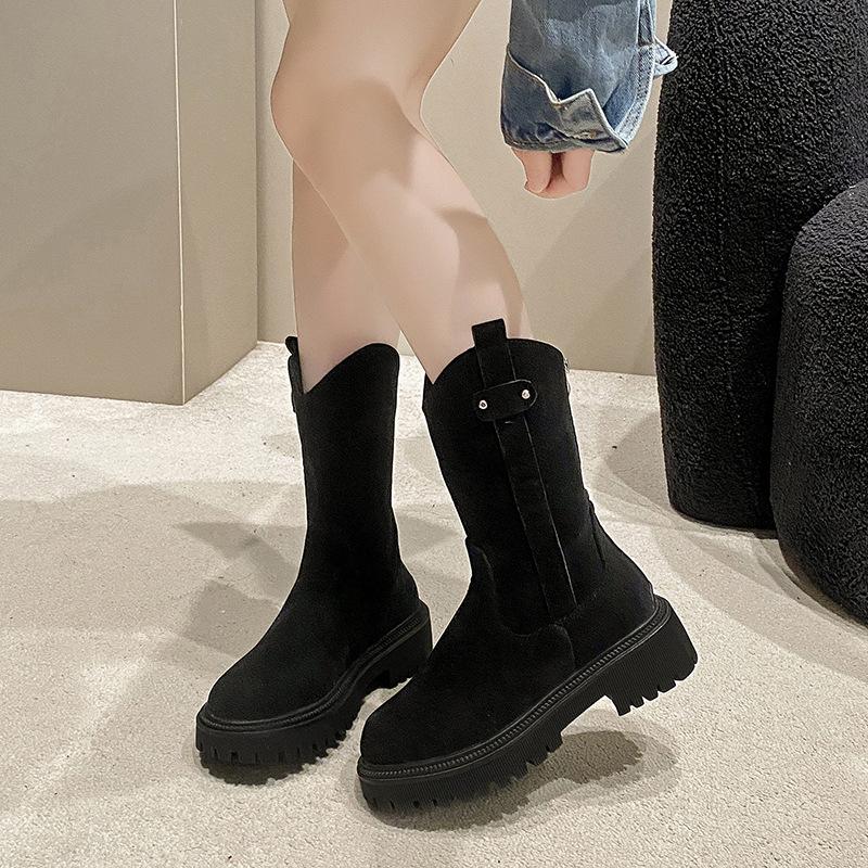 Retro medium boots children's autumn and winter new round head suede thick sole western cowboy boots knight boots