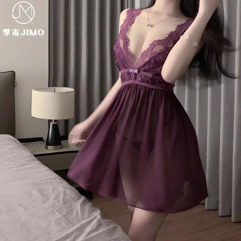 Sexy Lace White Purple Pure Tulle Deep V Backless Sex Underwear Seduction Set