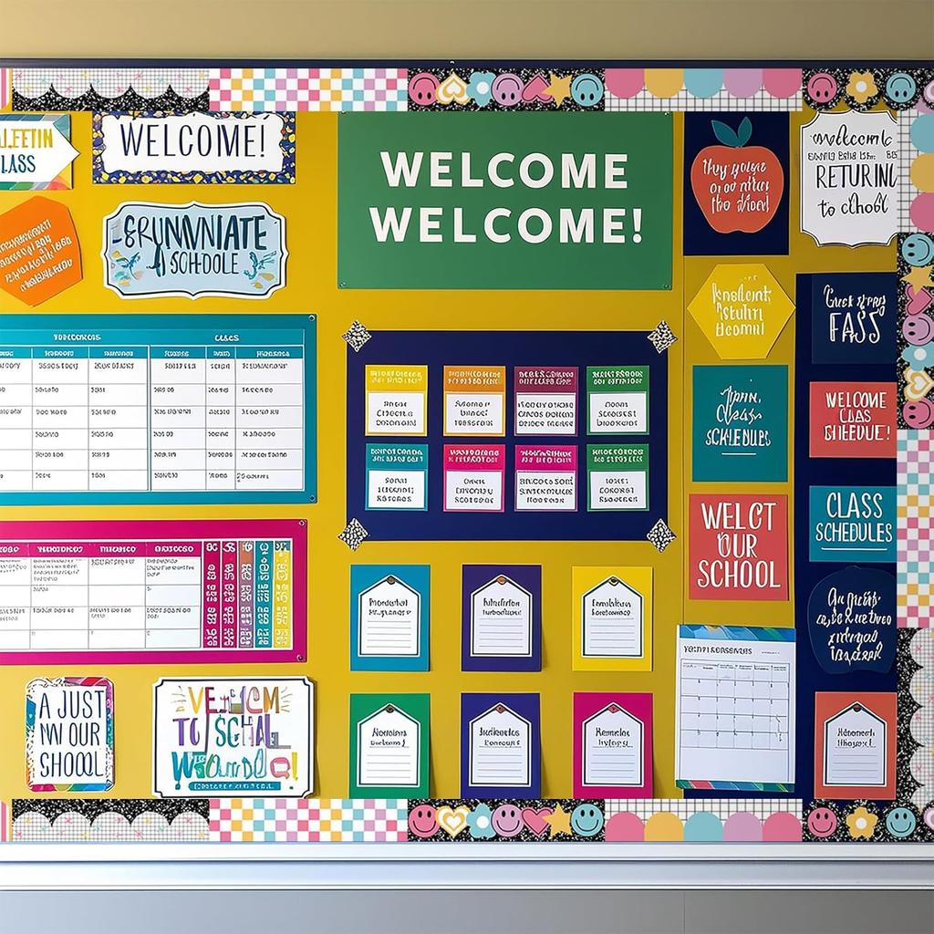 82Ft Bright Boho Bulletin Board Border Composition Smile Face Star Heart Plaid Stripe Adhesive Border Trim for Classroom Chalkboard Wall Decor