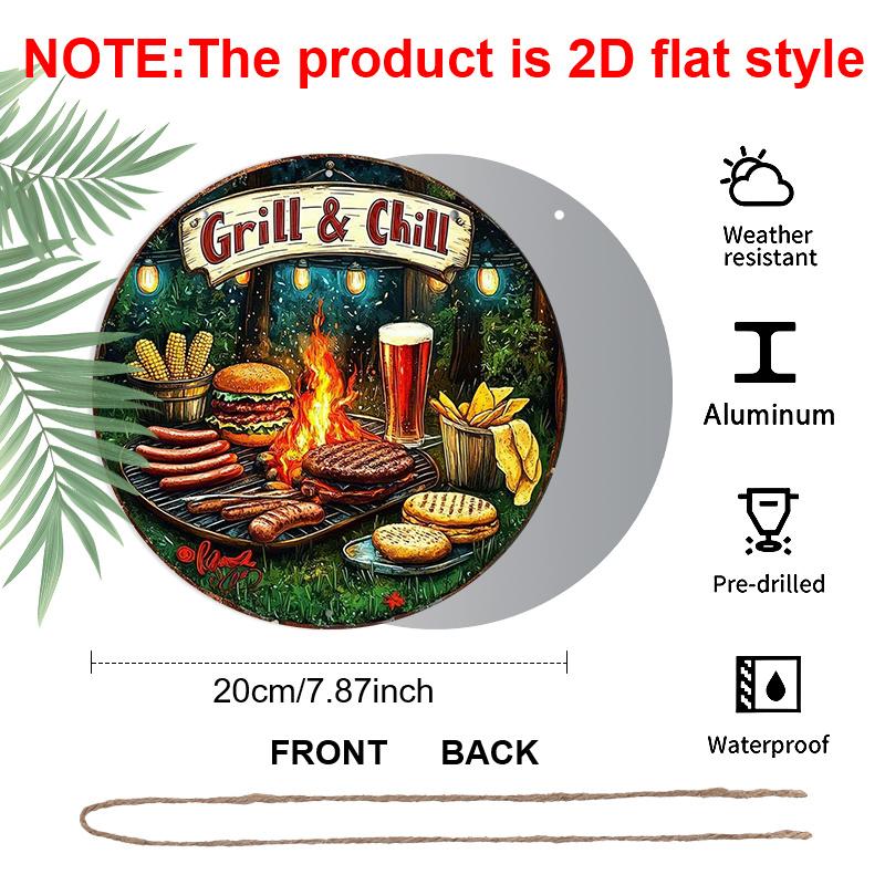 2D Flat, 1pc Vintage Grill & Chill BBQ Metal Aluminum Wall Sign - Round Art for Indoor/Outdoor Decor, Perfect for Rustic Home, Cafe, Bar, Garage