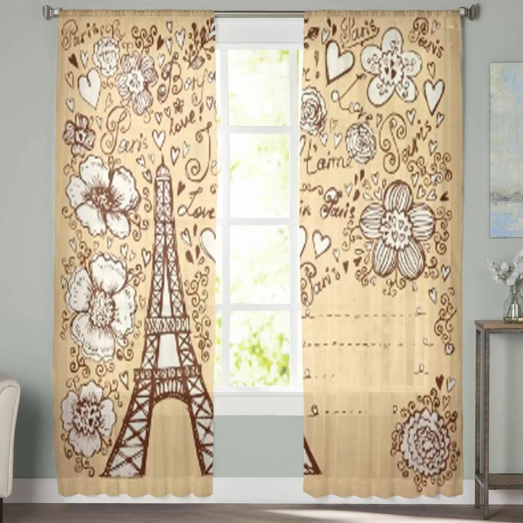 Pais Eiffel Tour and Flowers Tulle Curtains for Living Room Bedroom Window Sheer Curtains Kitchen Balcony Voile Curtains