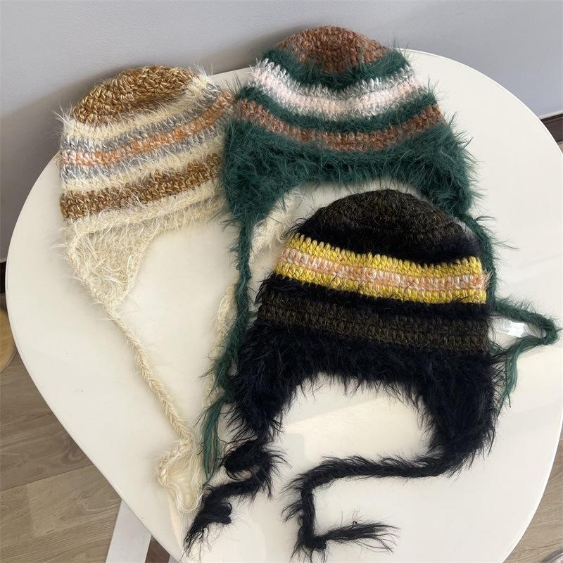 

College style rabbit hair wool contrasting colors women s autumn and winter warm wool feeling outdoor cold ear protection flying hat M（56-58cm） хакі