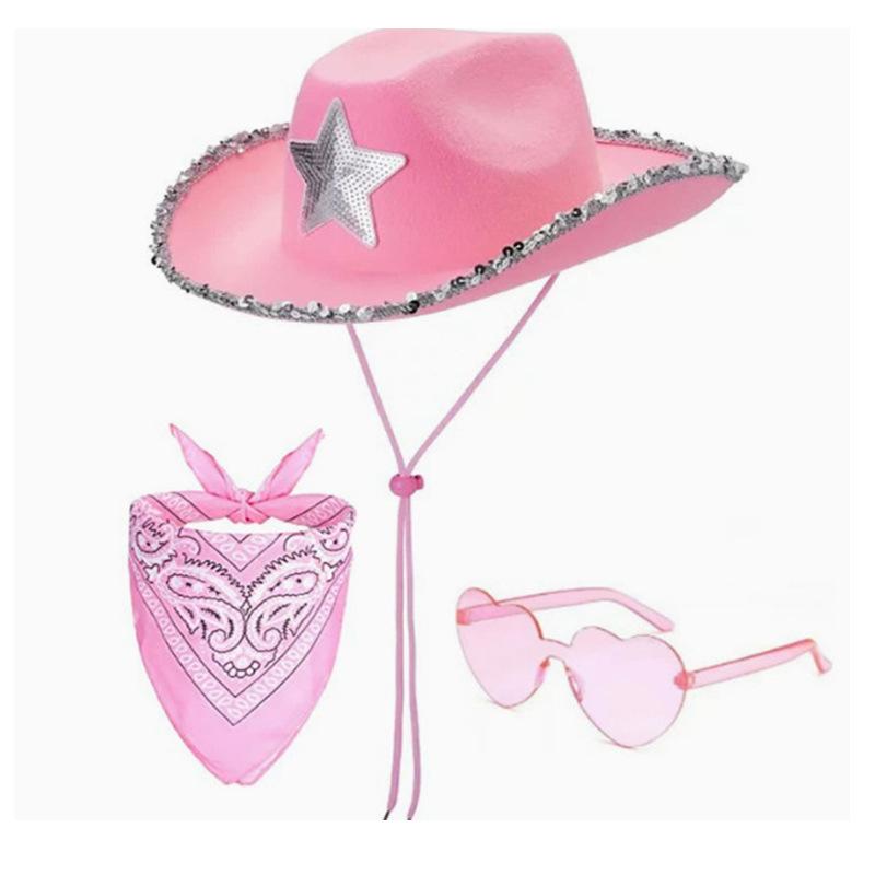 Feather Edge Letter Cowboy Hat Sequins Pink Western Rough Edge Cowboy Hat Glasses Square Towel Three-piece Set