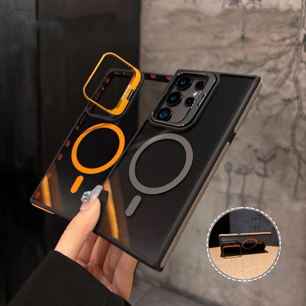 Luxury Magnetic Metal Lens Stand Translunt Case For Galaxy Samsung S25 S24 S23 Ultra Plus FE For Magsafe Wireless Charge Cover