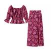 2024 Rose Red One-Shoulder Long-Sleeve Shirt & High-Waisted Skirt Set for Women