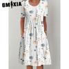 GMXIA 30 Color Pleated Midi Dress Short Sleeve Round Neck Loose Hem Mid-Calf Length Women Floral A-Line Party Dress Casual Wear