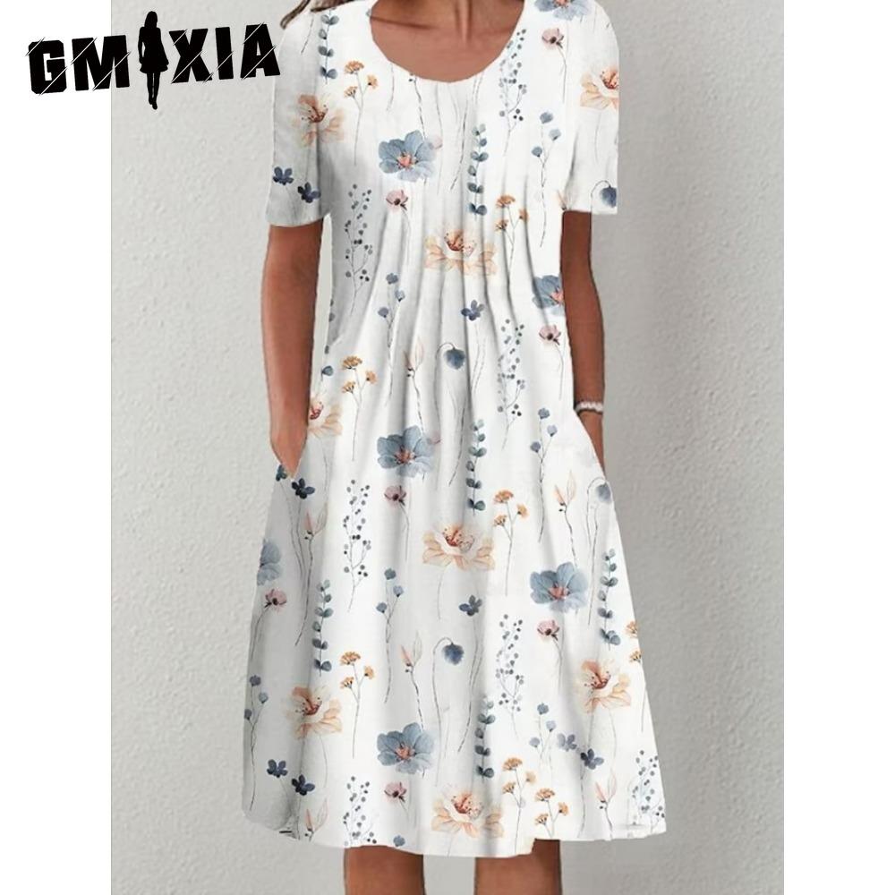 GMXIA 30 Color Pleated Midi Dress Short Sleeve Round Neck Loose Hem Mid-Calf Length Women Floral A-Line Party Dress Casual Wear