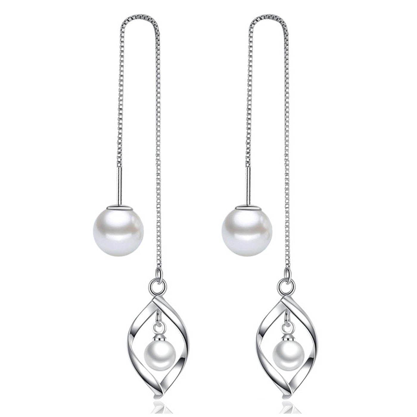 

Серьги падения жемчуга серебряного цвета цепи листа имитированные длинные для женщин