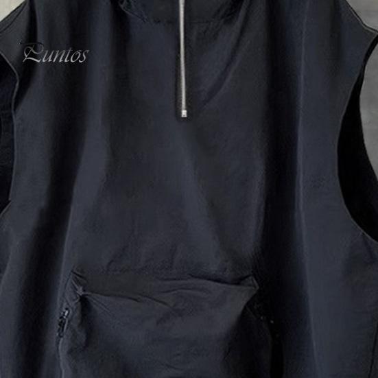 Men Summer Vest Hooded Zipper Half Placket Sleeveless Hip Hop Style Vest Jacket Solid Color Quick-Drying Large Pockets Waistcoat