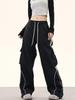 Women's Retro Color Block Hip Hop Cargo Sweatpants - Loose Wide-Leg Floor-Length