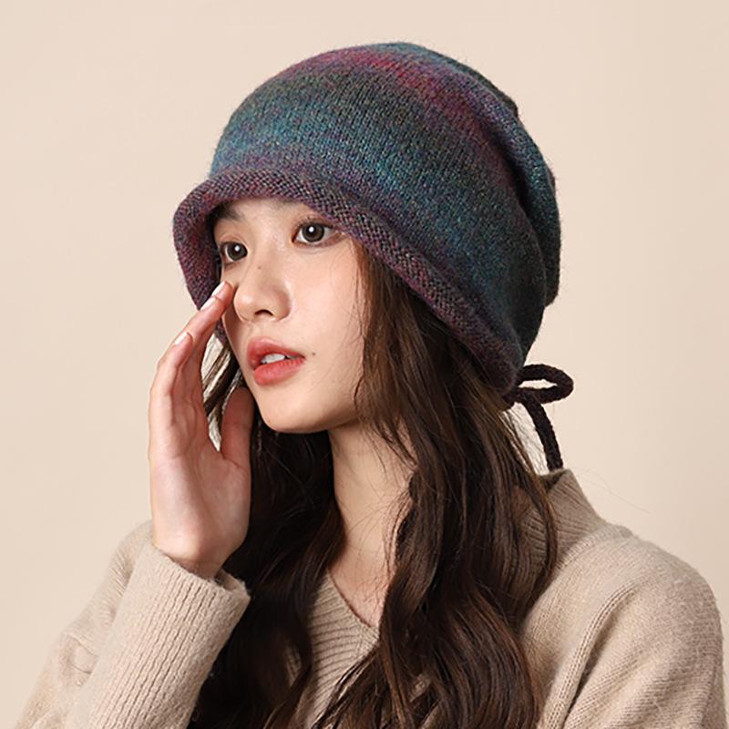 Fashion Ear Protection Gradual Change Wool Hat Showing Face Small Bag Head Stacking Hat Big Head Circumference Cold Hat Drawstring Crimping Knitted
