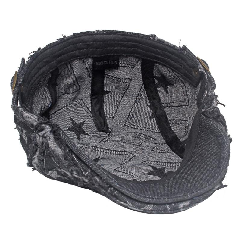 Women Denim Berets Hats Newsboy Caps Cotton 56-61cm Four Seasons Distressed Raw Edges Star Pattern Fashion Hat
