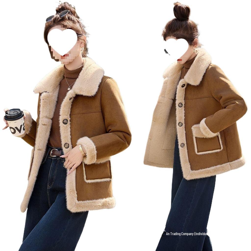 Women's 2025 Autumn/Winter Shearling Double-Sided Plush Fur Coat: Thick Deer Suede Cotton-Padded Jacket.