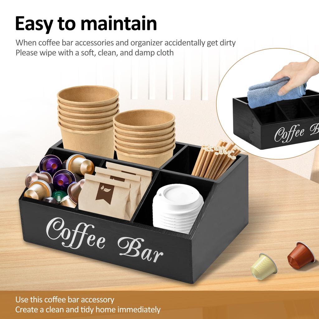 Wooden Coffee Rack Coffee Bar Organizer 5 Compartments Coffee Bar Accessories Vintage Coffee Storage Station Coffee Pods Holder