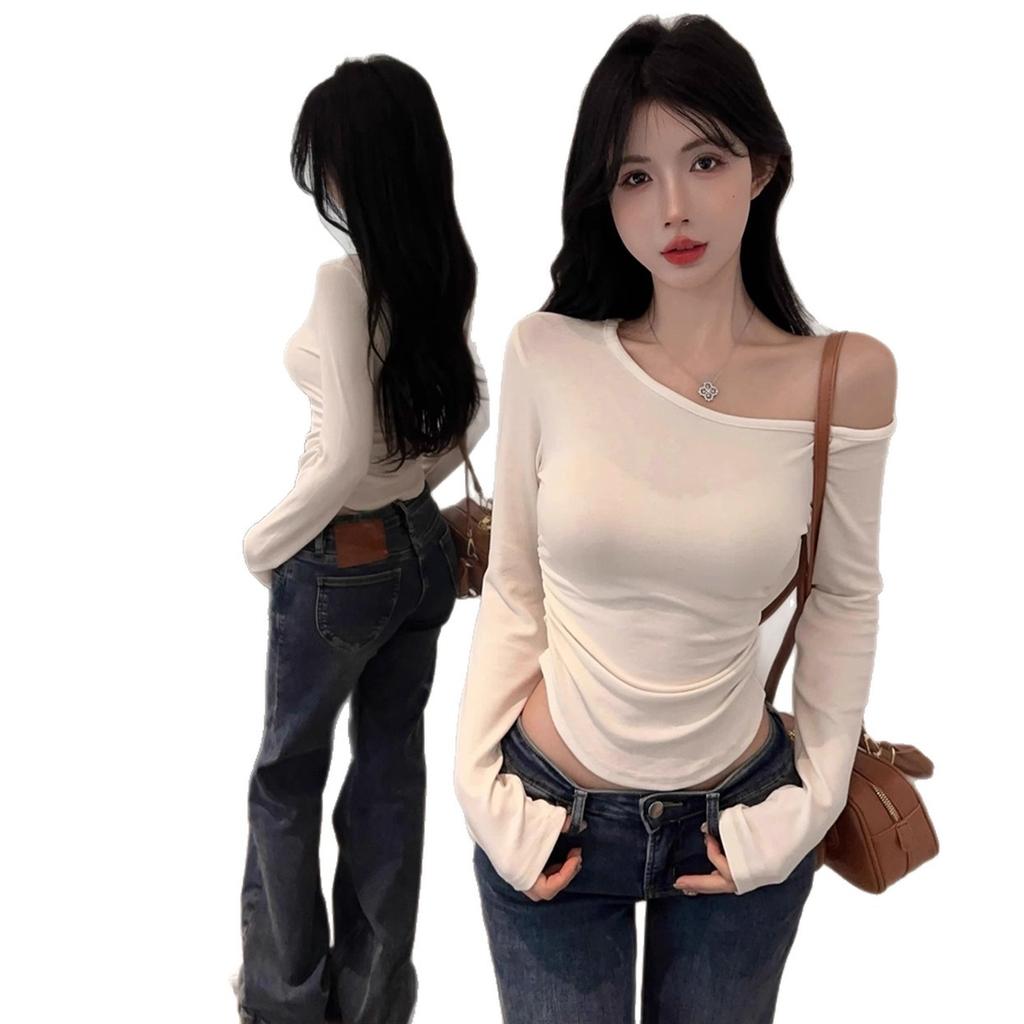 Sweet Spice Girl Slant Shoulder Long Sleeve Solid Color T-Shirt Women's 2025 Autumn Slim-Fit Versatile One-Word Shoulder Bottom Shirt Top