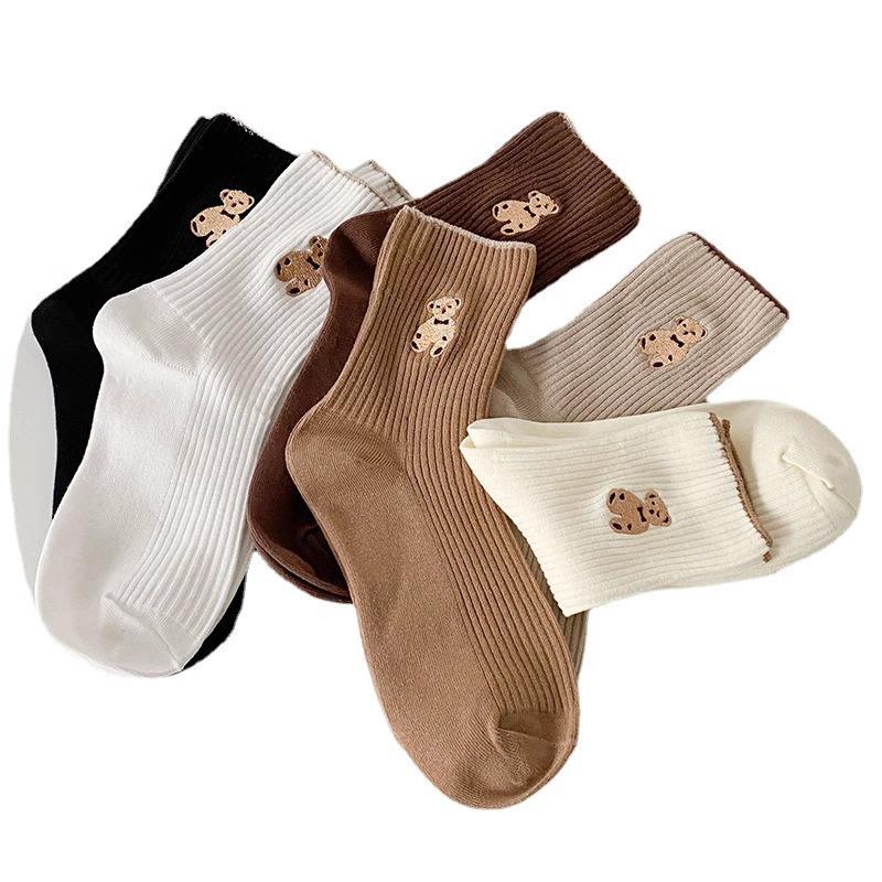 Little Bear Korean Style Women's Mid-Calf Socks - Autumn/Winter Medium-Thick Cartoon Trendy Long Socks