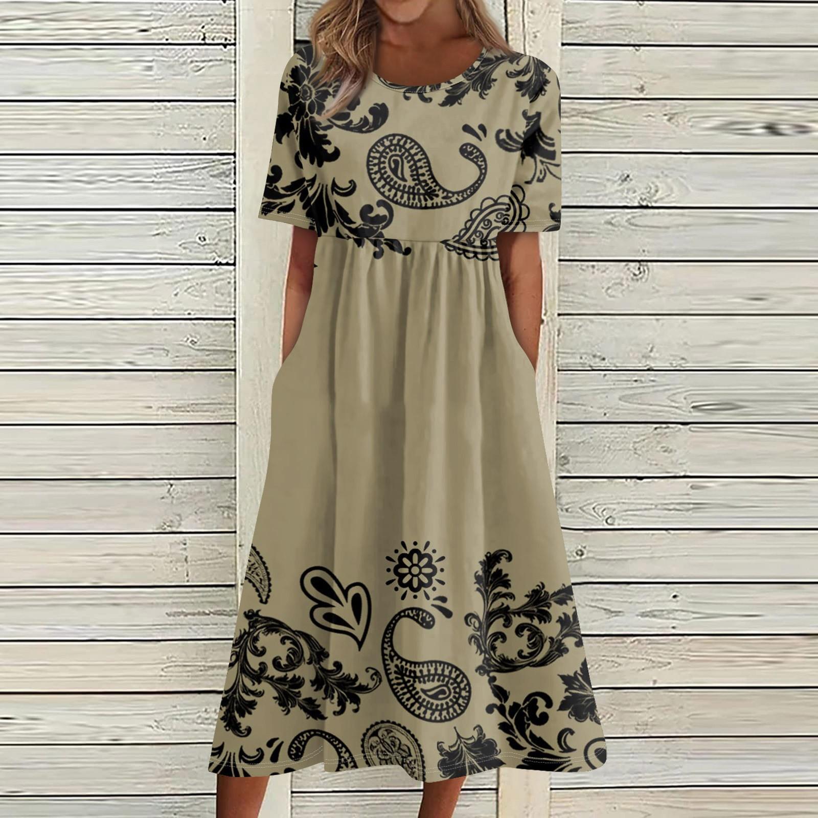 

Летнее платье для женщин, повседневное пляжное свободное платье с короткими рукавами и принтом XL жёлтый