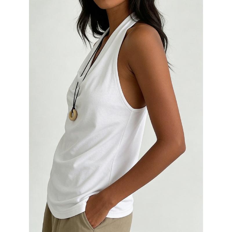 Summer Solid Color Halter Neck Tank Top with Open Back and V-Neck for Women