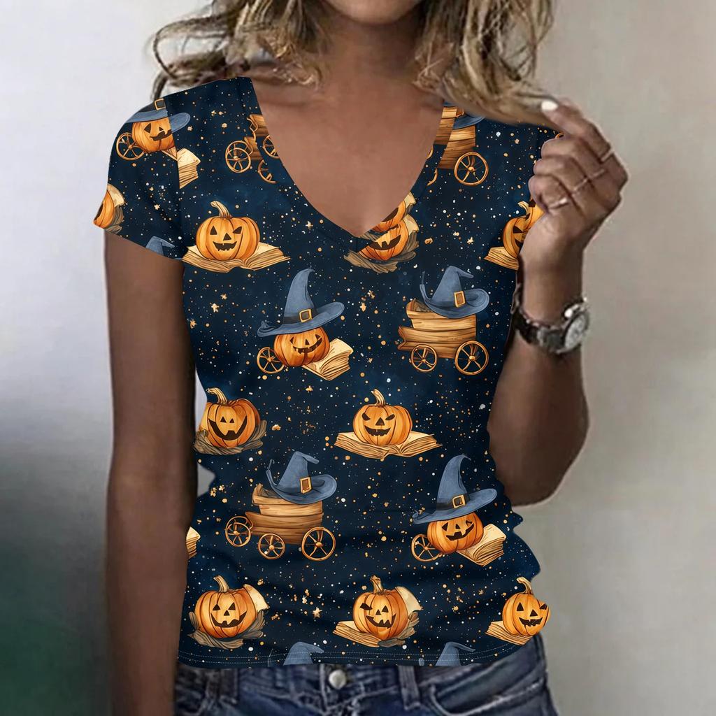 Women's V-Neck Halloween Print Blouse Lightweight Spring Summer Top