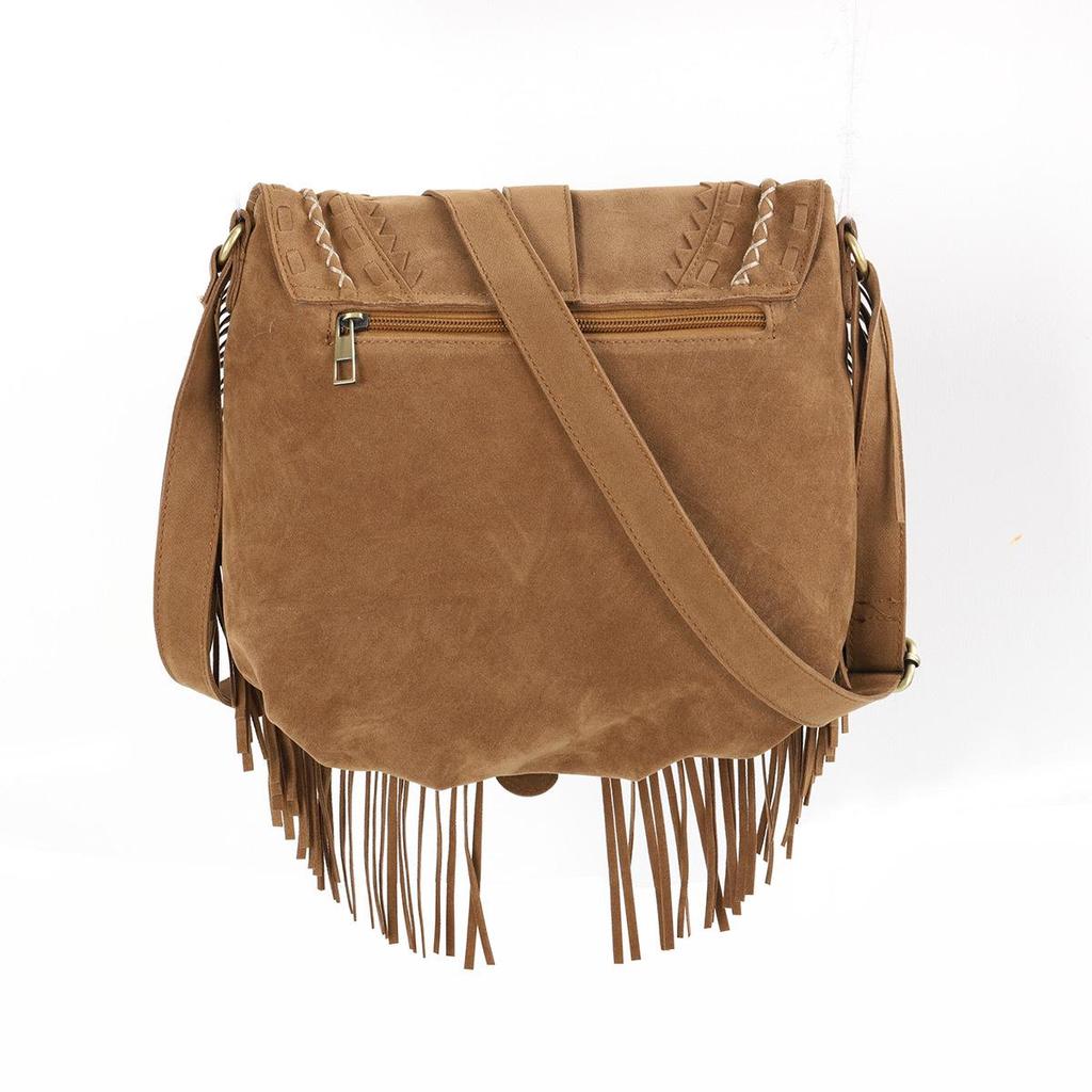 Versatile Ethnic Khaki Xishi Velvet Tassel Crossbody Bag - Women's Retro Style, Large Capacity
