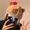 Warm Animals Ears Beanie Hats Cartoon Plush Cap Soft Cute Capybara Hat  Outdoor