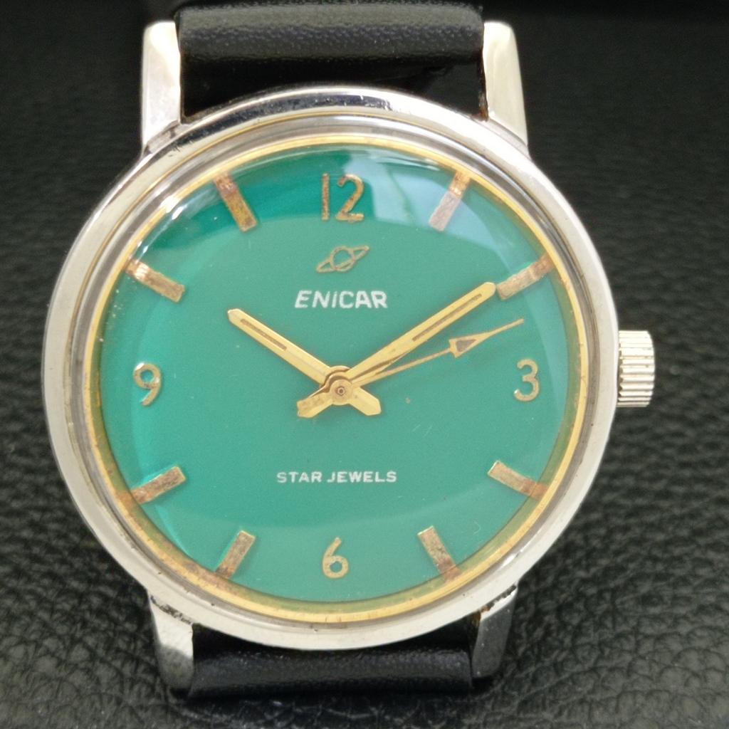 VINTAGE ENICAR STAR JEWELS HAND-WINDING 1140 SWISS MENS GREEN WATCH A702041-5 R208-a702041
