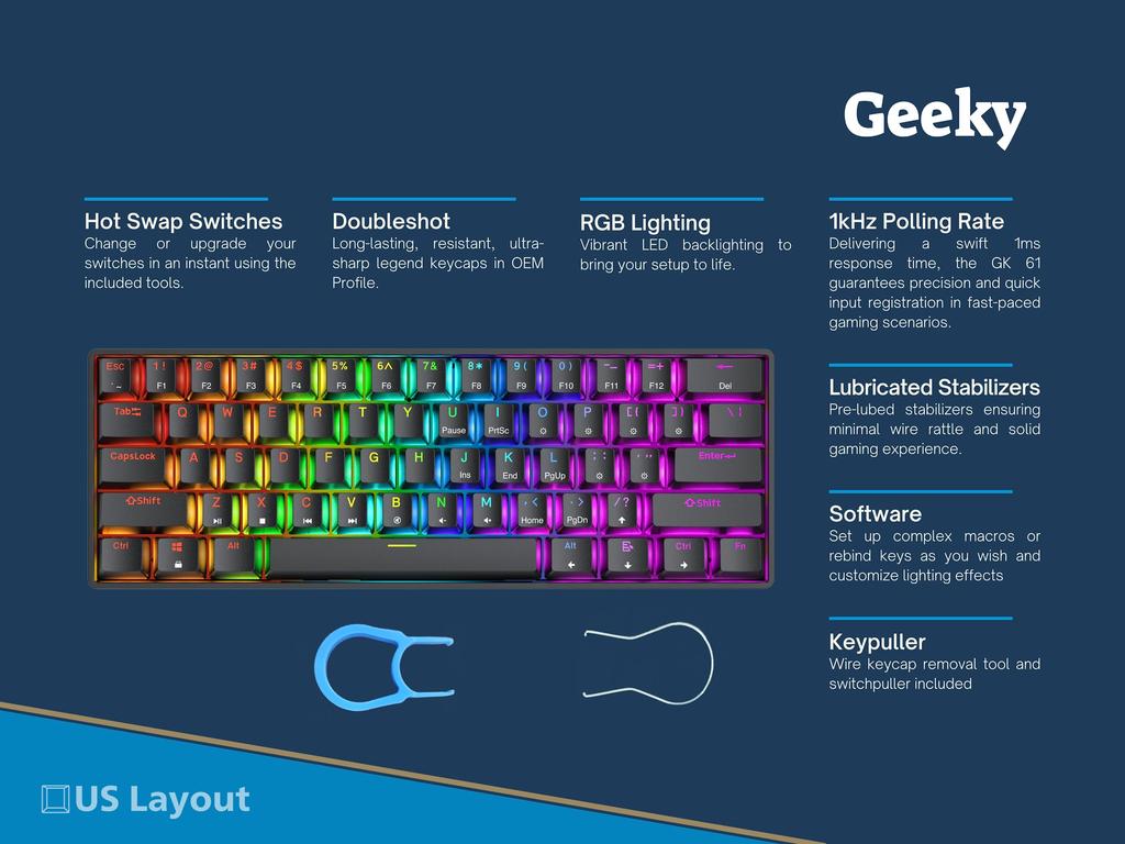 Geeky GK61 Mechanical Gaming Keyboard 61 Keys Multicolor RGB LED Backlit for Gamers ANSI US American Layout Mechanical 60% Hot-Swappable PC/Mac