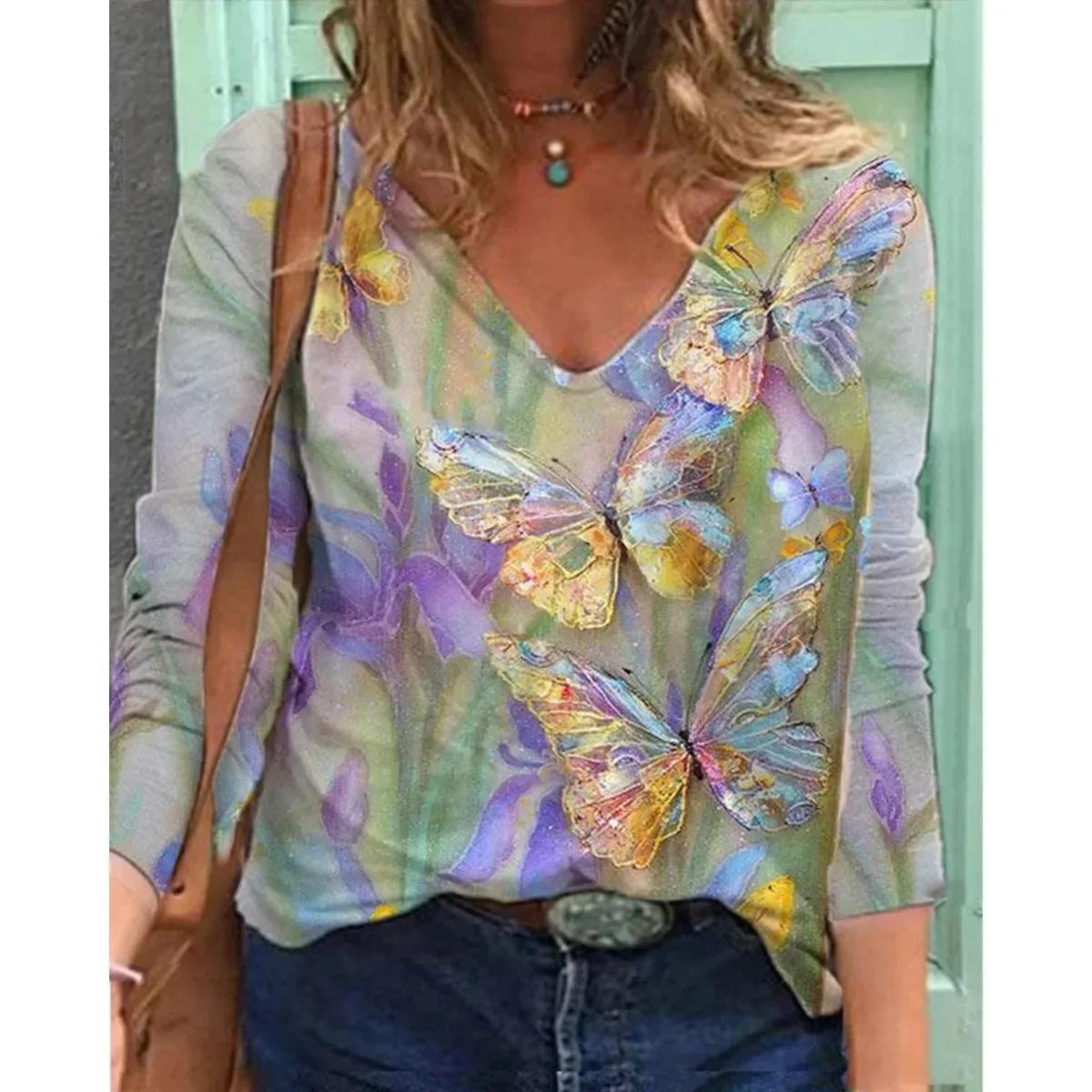 

Весенне-осенние женские футболки с V-образным вырезом, принтом бабочек и стрекоз, 3D-печать, модные, повседневные, с длинным рукавом 6XL