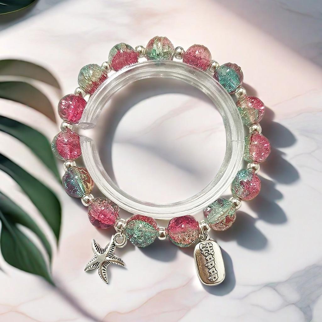 Braccialetto in Vetro Fiore Esplosione Fantasy da 10 mm: Ciondolo Farfalla Colore Degradé Design di Nicchia per Donne e Migliori Amiche.