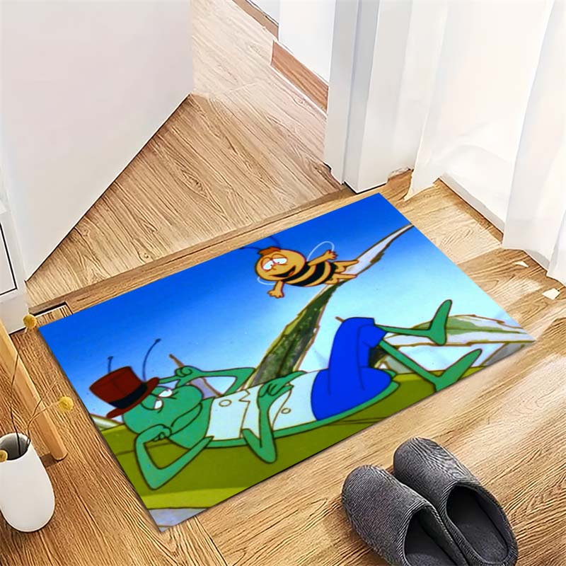 Cartoon Cricket Bee Green Leaf Summer Scene Print Area Rug Non‑Slip Rectangular Floor Mat Home Decor