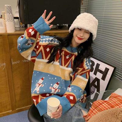 Sweter pulowerowy jesienno-zimowy japoński etniczny rombowy sweter z długim rękawem Casual O Neck Retro świąteczny sweter damski