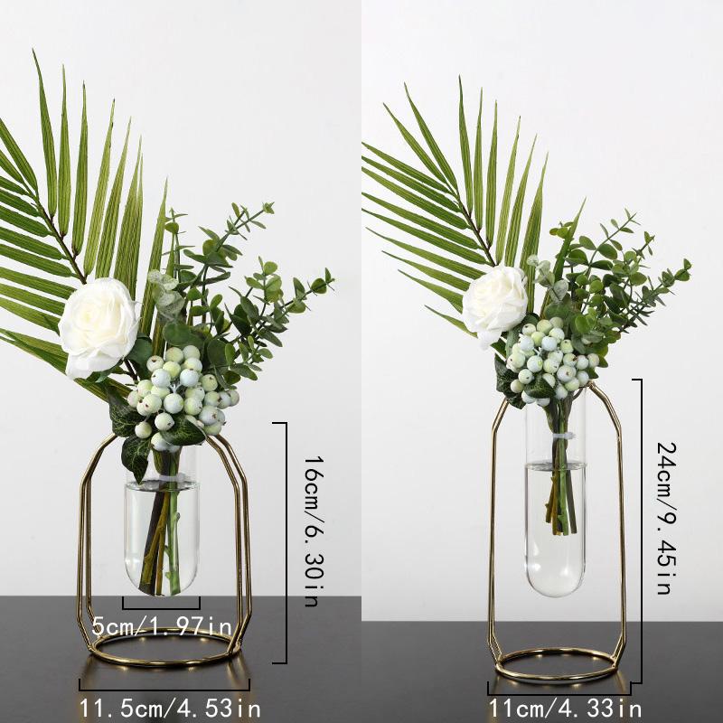 Nordic Styles Gold Wrought Iron Metal Hydroponic Vase Glass Test Tube Vase Geometric Flower Vase for Home Living Room Decor