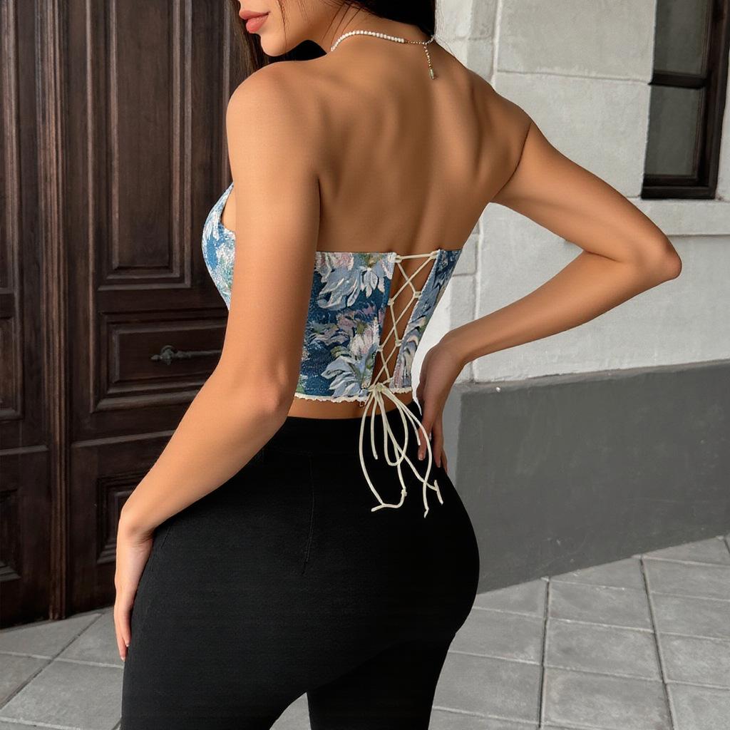 French Lace Tie Fishbone Camisole - Retro Floral Print Women's Top
