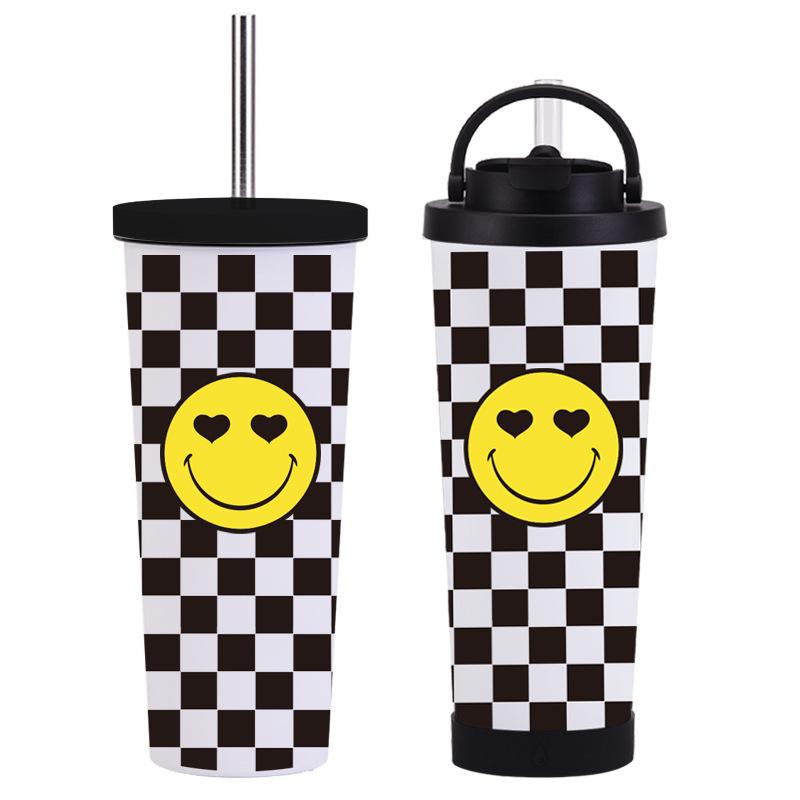 Stainless Steel Thermos Cup Smiley Face Series Straw Milk Tea Cup Coffee Cup Handle Sports Water Cup Set