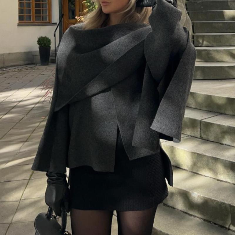 Manteau tricoté élégant pour femme, écharpe décorée, automne, décontracté, solide, irrégulier, ample, chaud, pardessus, hiver, nouveau design, vêtements esthétiques chics