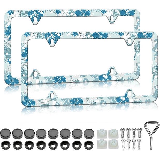 HCSS Blue Hibiscus Flower License Plate Frames - 2 Pack Tropical Hawaii Floral License Plate Holder, Aluminum Metal Rust-Proof Waterproof Car