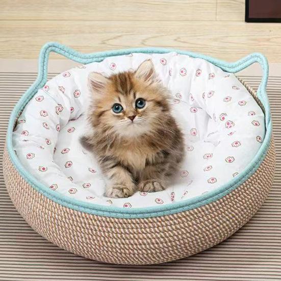 Cat Basket Bed with Cushion Cotton Rope Handwoven Pet Bed Breathable Cat Ear Pet Bed for Indoor Cats