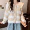 2024 Autumn/Winter Age-Defying Doll Collar Patchwork Stripe Plush Knit Sweater in Lazy Style
